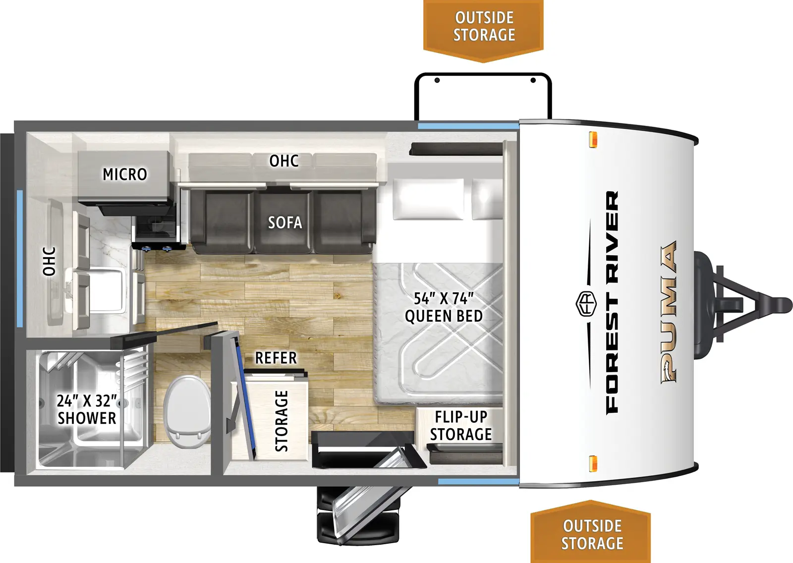 The Puma Camping Edition 121RKCE floorplan has one entry and zero slide outs. Exterior features include: metal exterior and 9' awning. Interiors features include: front bedroom.